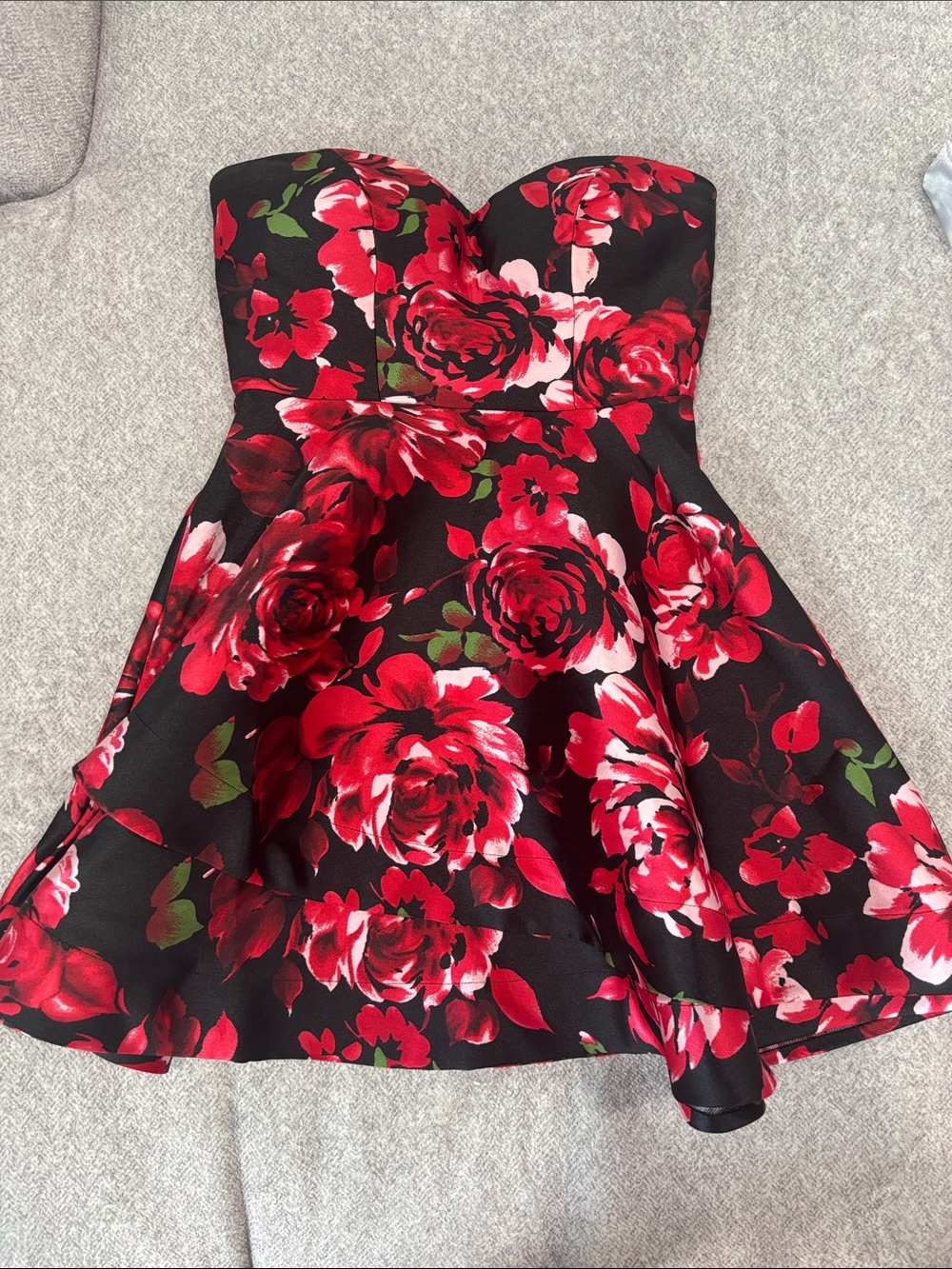 B Darlin Black Strapless Dress with Red Floral Print